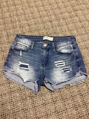 Mudd FLX Stretch Low Rise Shortie Distressed Denim Ripped Shorts - Blue * Size 3